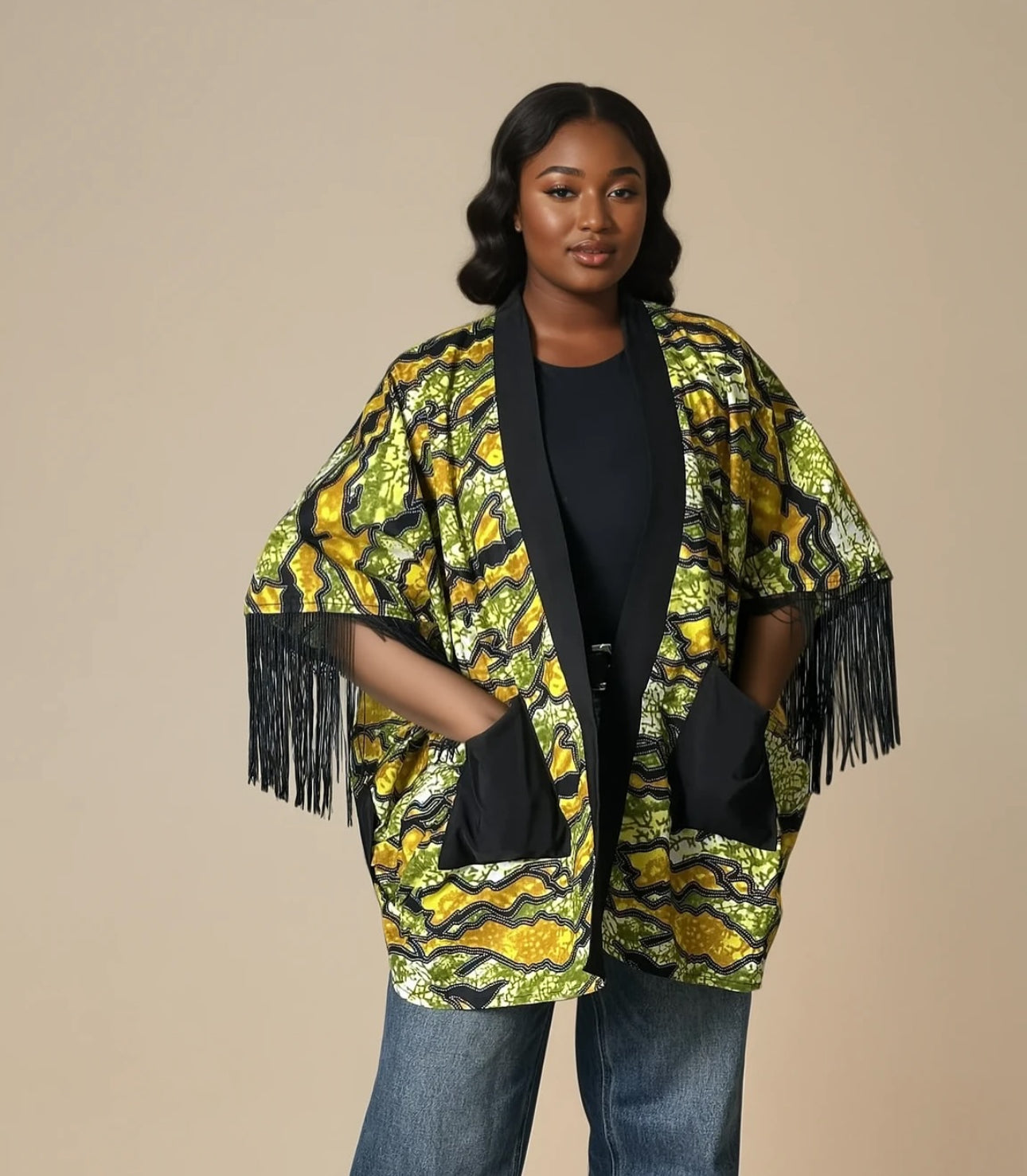 Ajoke Fringe Kimono Yellow Cotton Ankara Print
