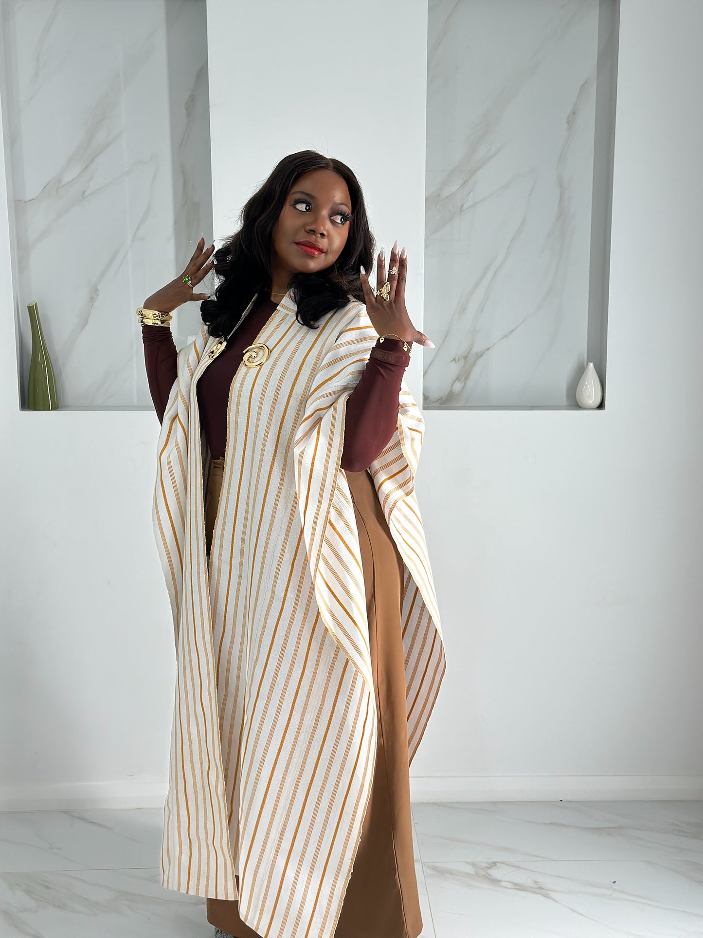Armani Cape Asoke Kimono – Brown Stripes Print