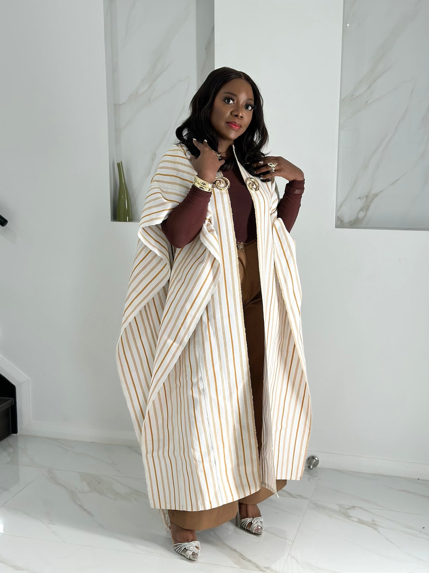 Armani Cape Asoke Kimono – Brown Stripes Print