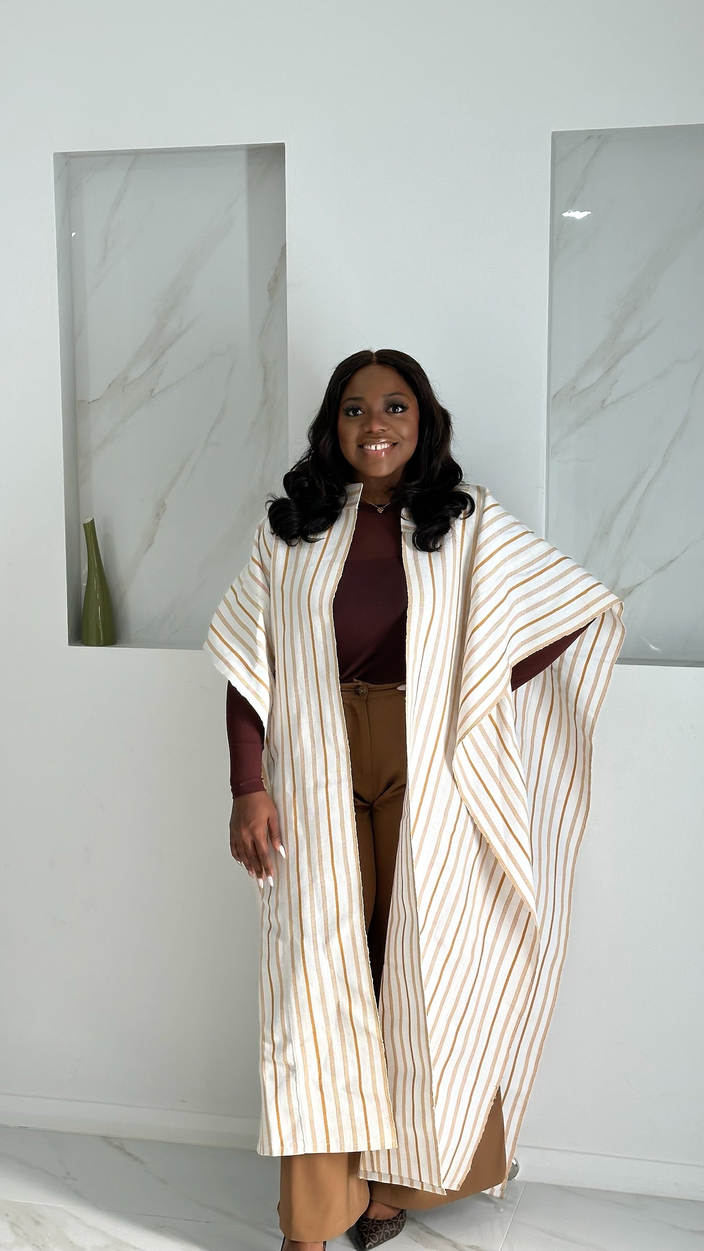 Armani Cape Asoke Kimono – Brown Stripes Print