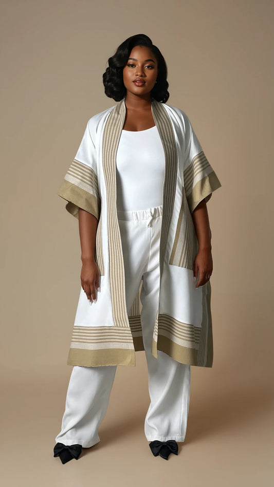 OMONYE Kimono Co-Ord – White Crepe & Asoke Print Two-Piece Set
