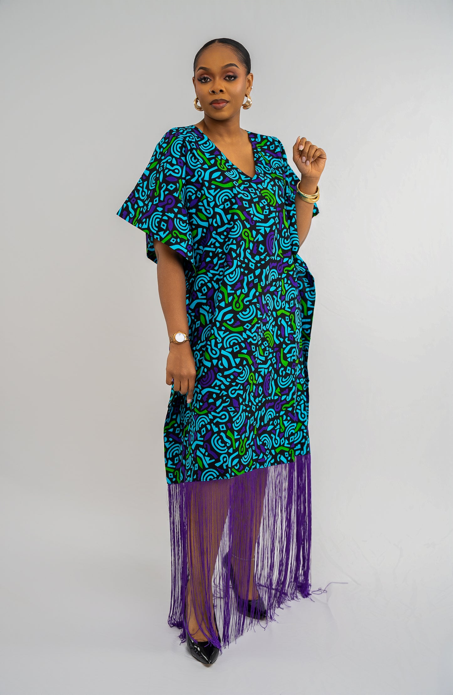 OJIUGO Sky Blue Print Ankara Fringe BuBu