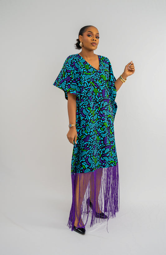 OJIUGO Sky Blue Print Ankara Fringe BuBu