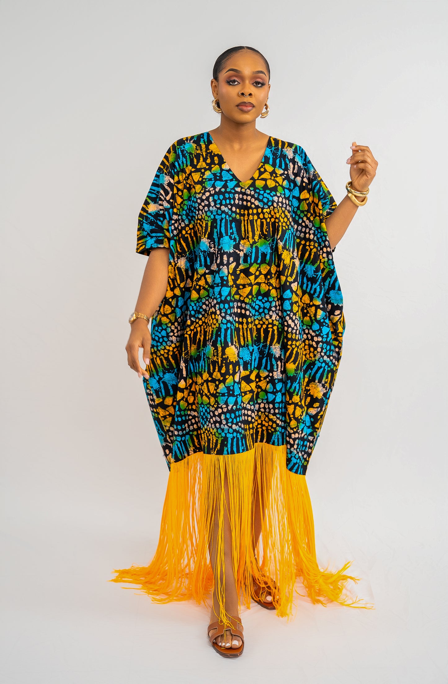 OJIUGO Yellow & Blue Print Ankara Fringe BuBu