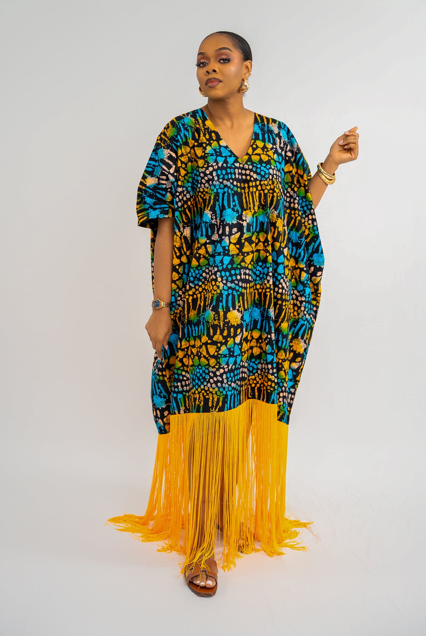 OJIUGO Yellow & Blue Print Ankara Fringe BuBu