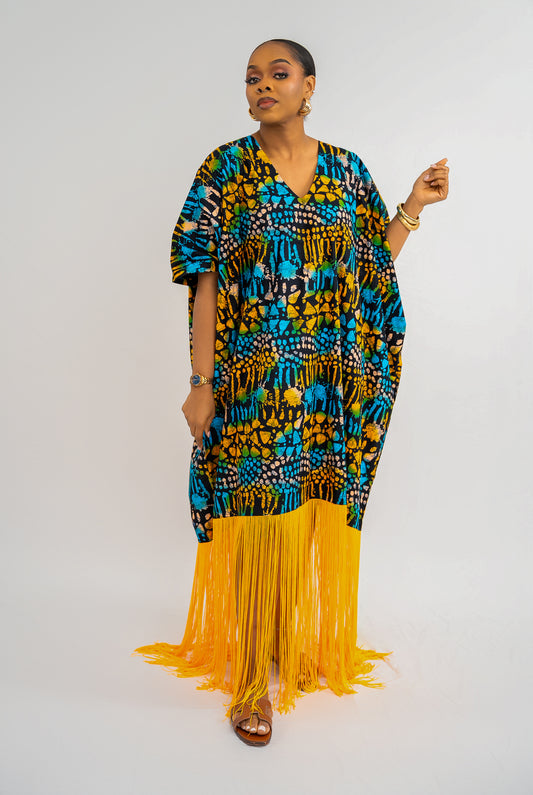 OJIUGO Yellow & Blue Print Ankara Fringe BuBu