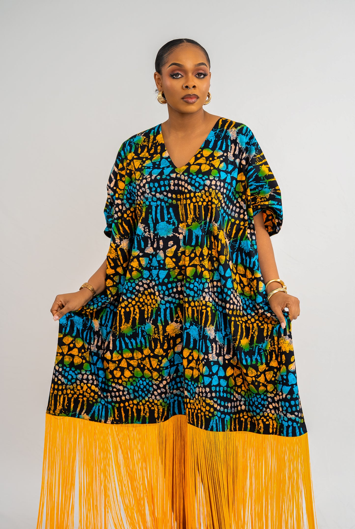 OJIUGO Yellow & Blue Print Ankara Fringe BuBu