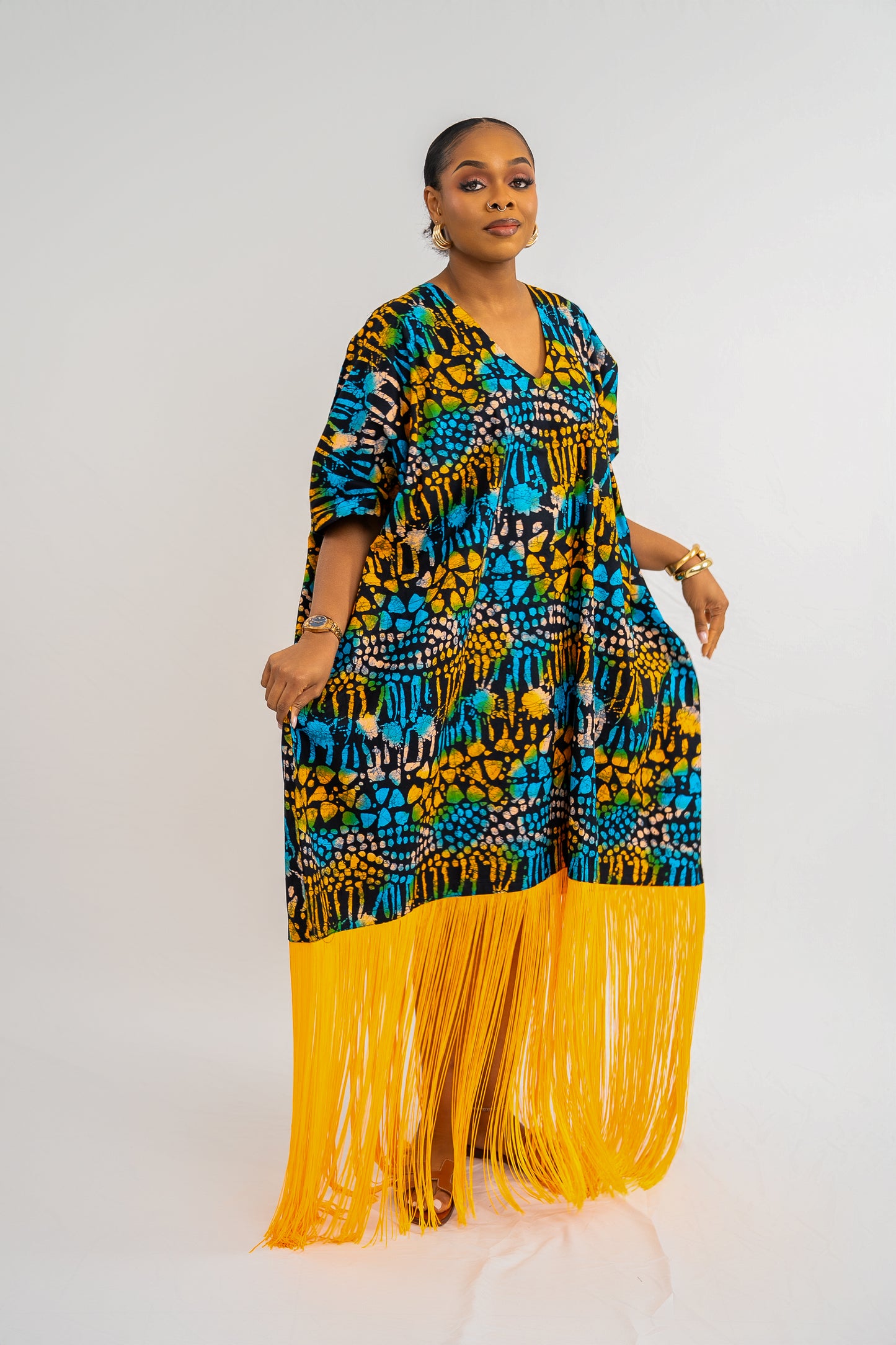 OJIUGO Yellow & Blue Print Ankara Fringe BuBu