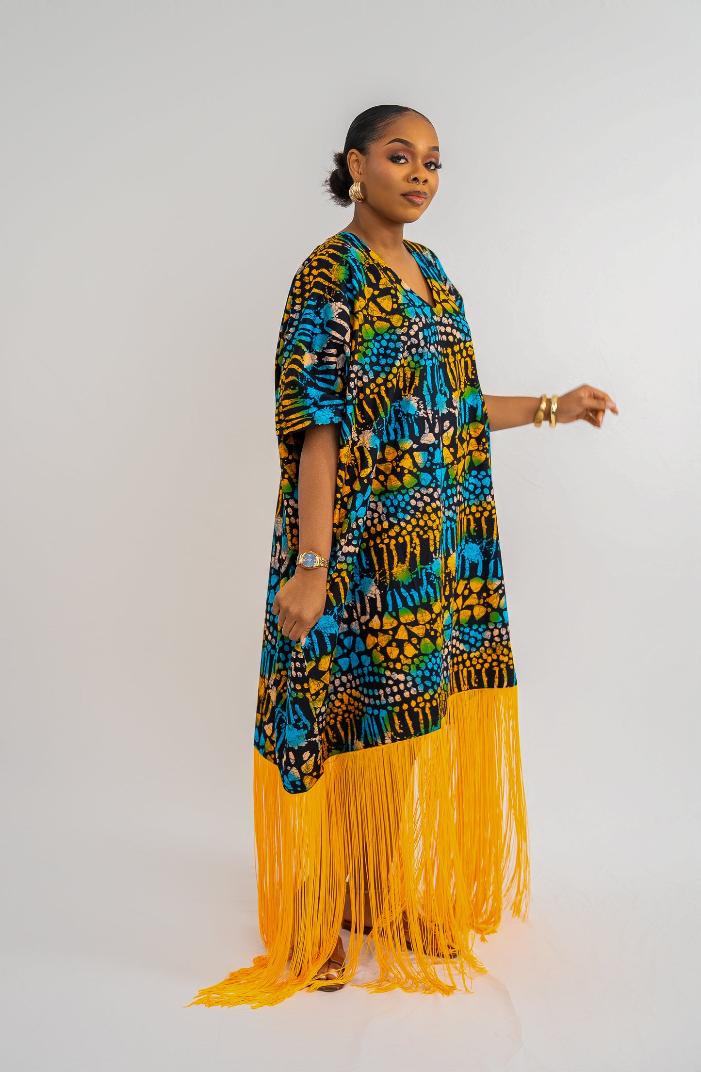 OJIUGO Yellow & Blue Print Ankara Fringe BuBu