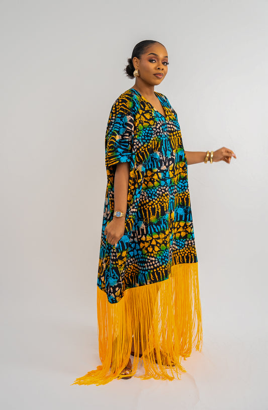 OJIUGO Yellow & Blue Print Ankara Fringe BuBu