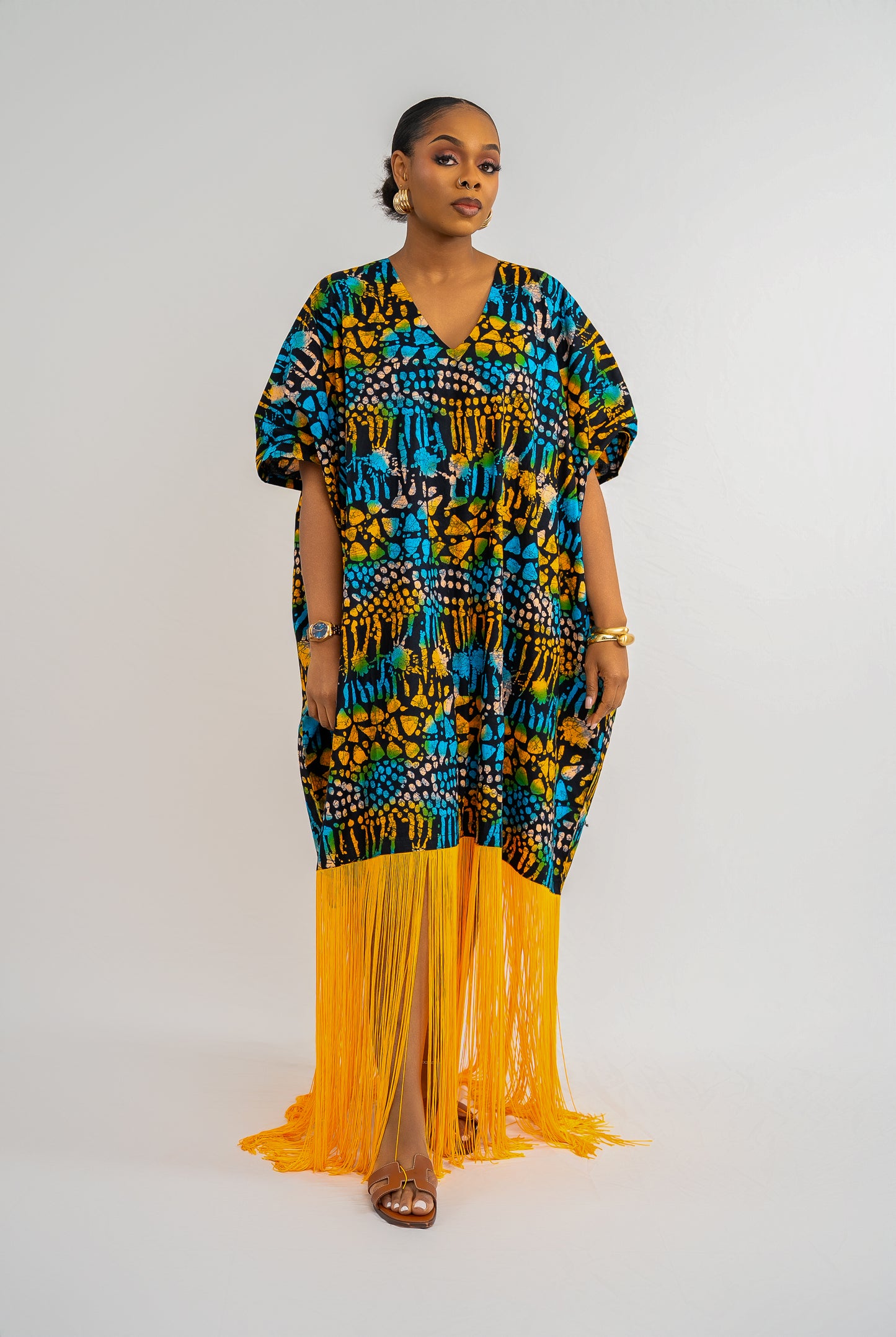 OJIUGO Yellow & Blue Print Ankara Fringe BuBu