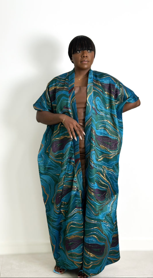 Owambe Kimono - Teal Damask Print