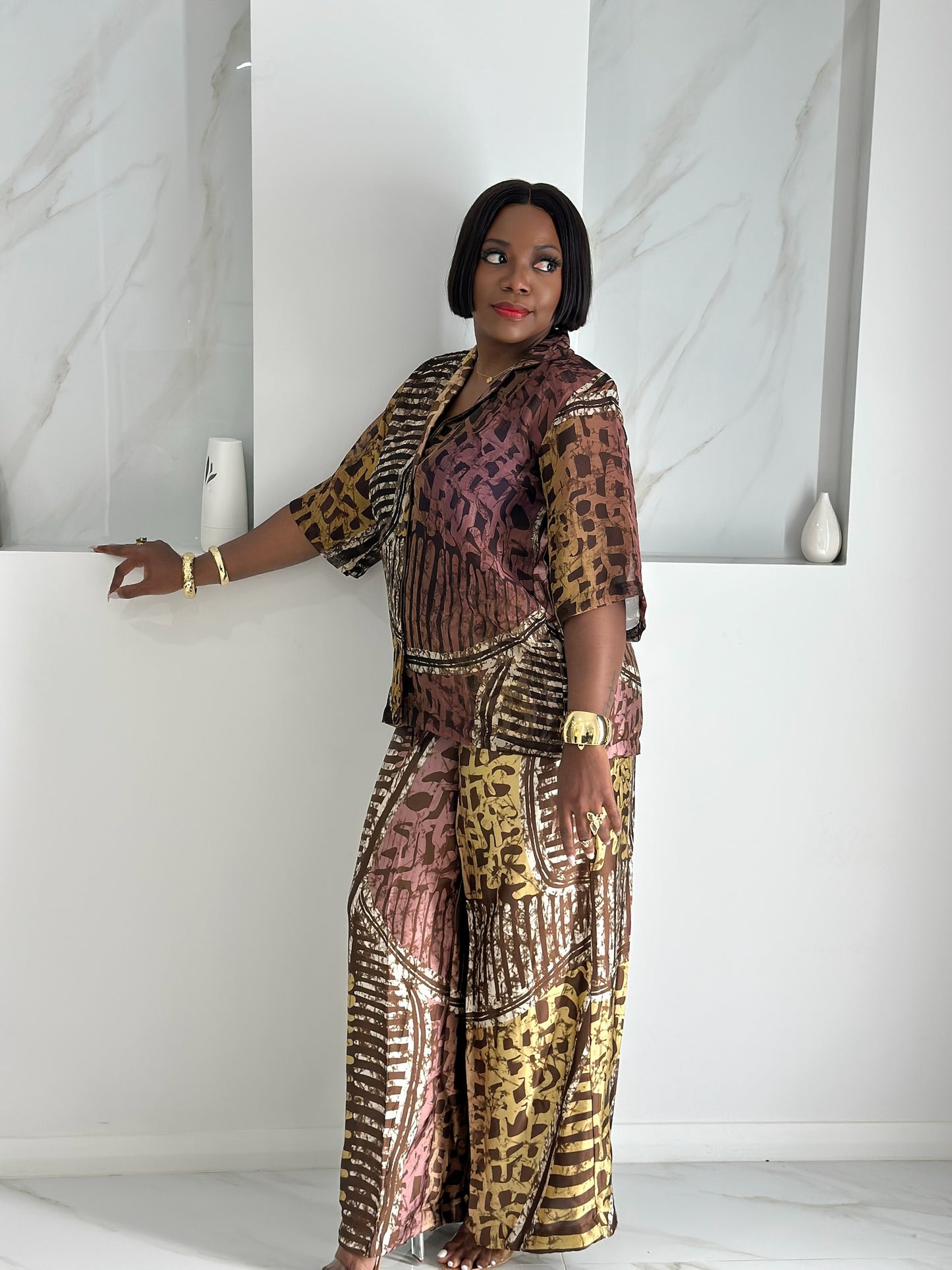 Sade Co-Ord Tribal Brown Chiffon Print Pant Set.