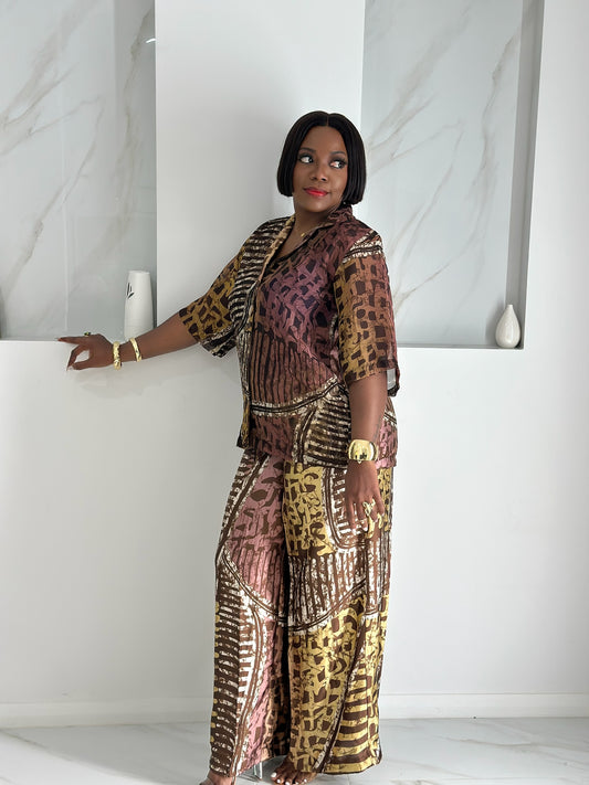Sade Co-Ord Tribal Brown Chiffon Print Pant Set.