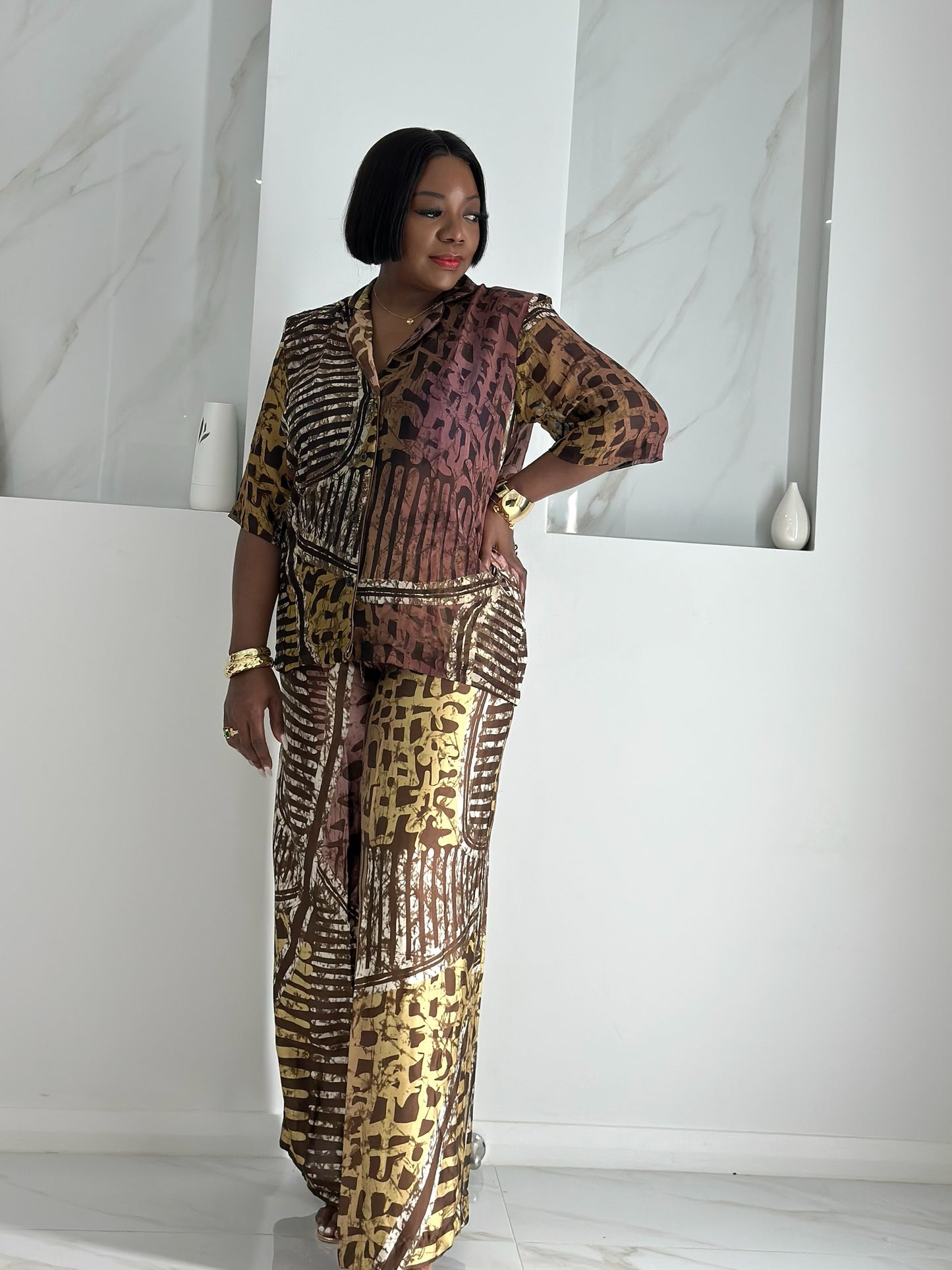 Sade Co-Ord Tribal Brown Chiffon Print Pant Set.