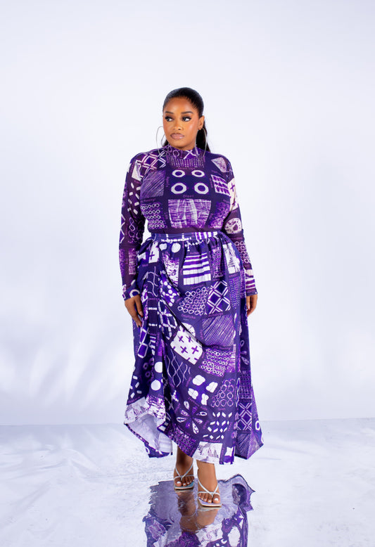 Nadine Co-Ord – Tribal Purple Print Two-Piece Skirt Set