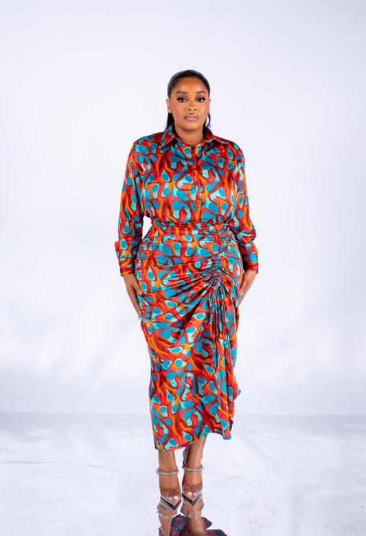 Nene Co-Ord – Brown-Orange Print Two-Piece Skirt Set