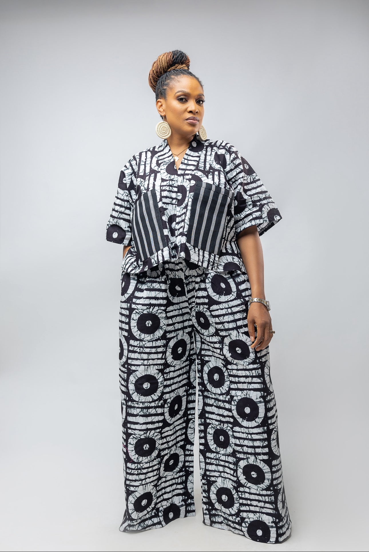 Nwaoma Asoke Patch Pant Set- White Ankara Cotton Print