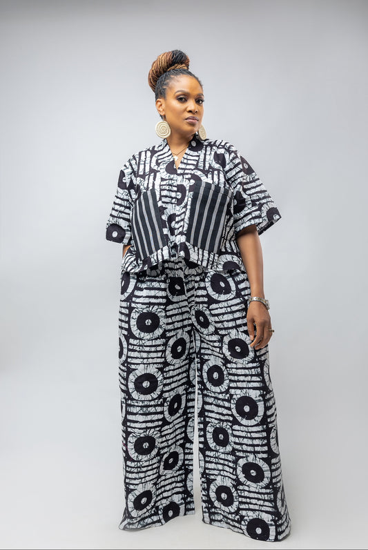 Nwaoma Asoke Patch Pant Set- White Ankara Cotton Print