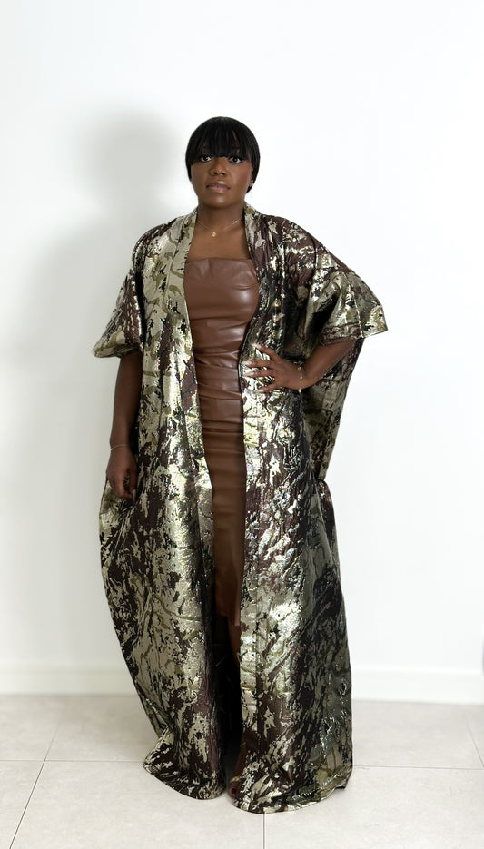 Owambe Kimono - Gold-Brown Damask Print