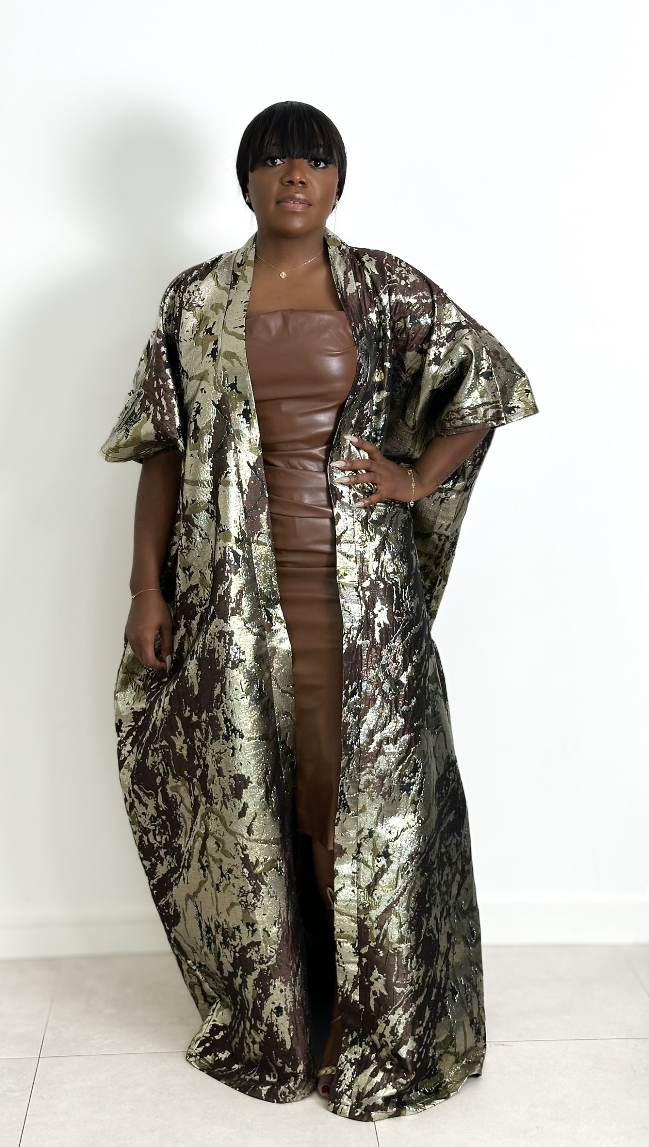Owambe Kimono - Gold-Brown Damask Print