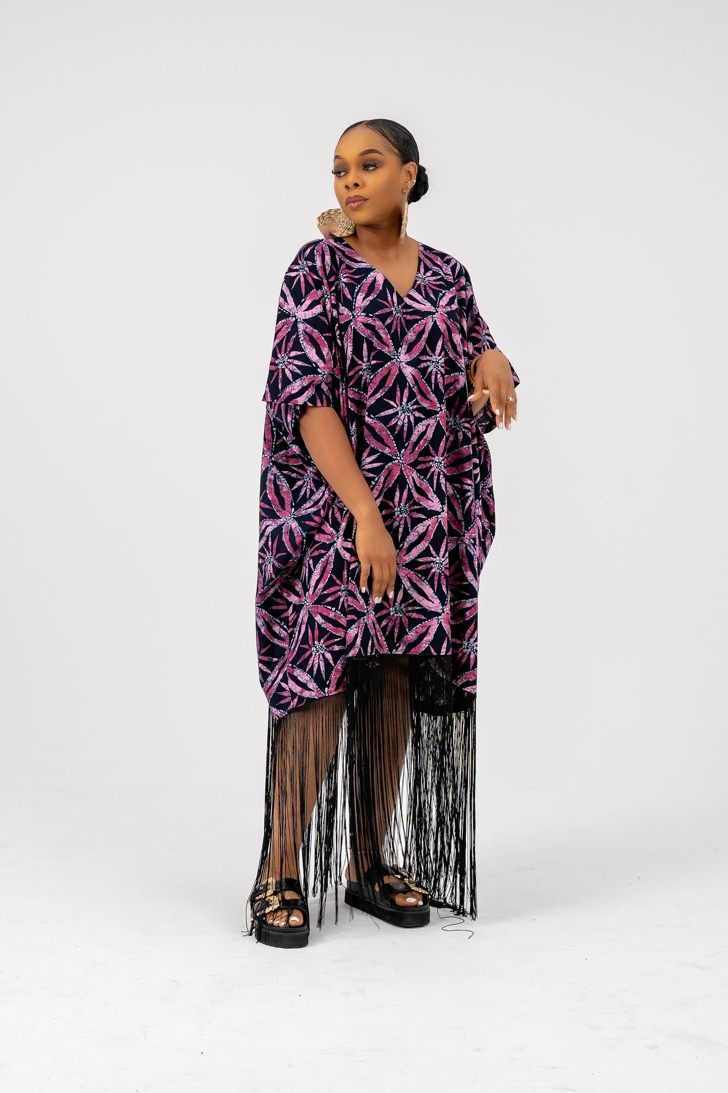 OJIUGO Pink Print Ankara Fringe BuBu