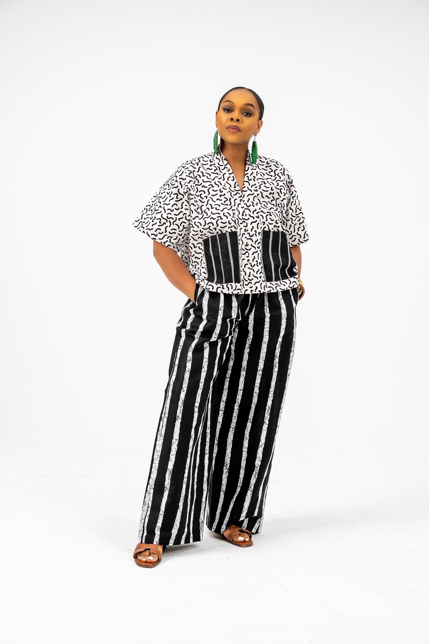 Nwaoma Asoke Patch Wide leg Pant Set (White Ankara Cotton Print)