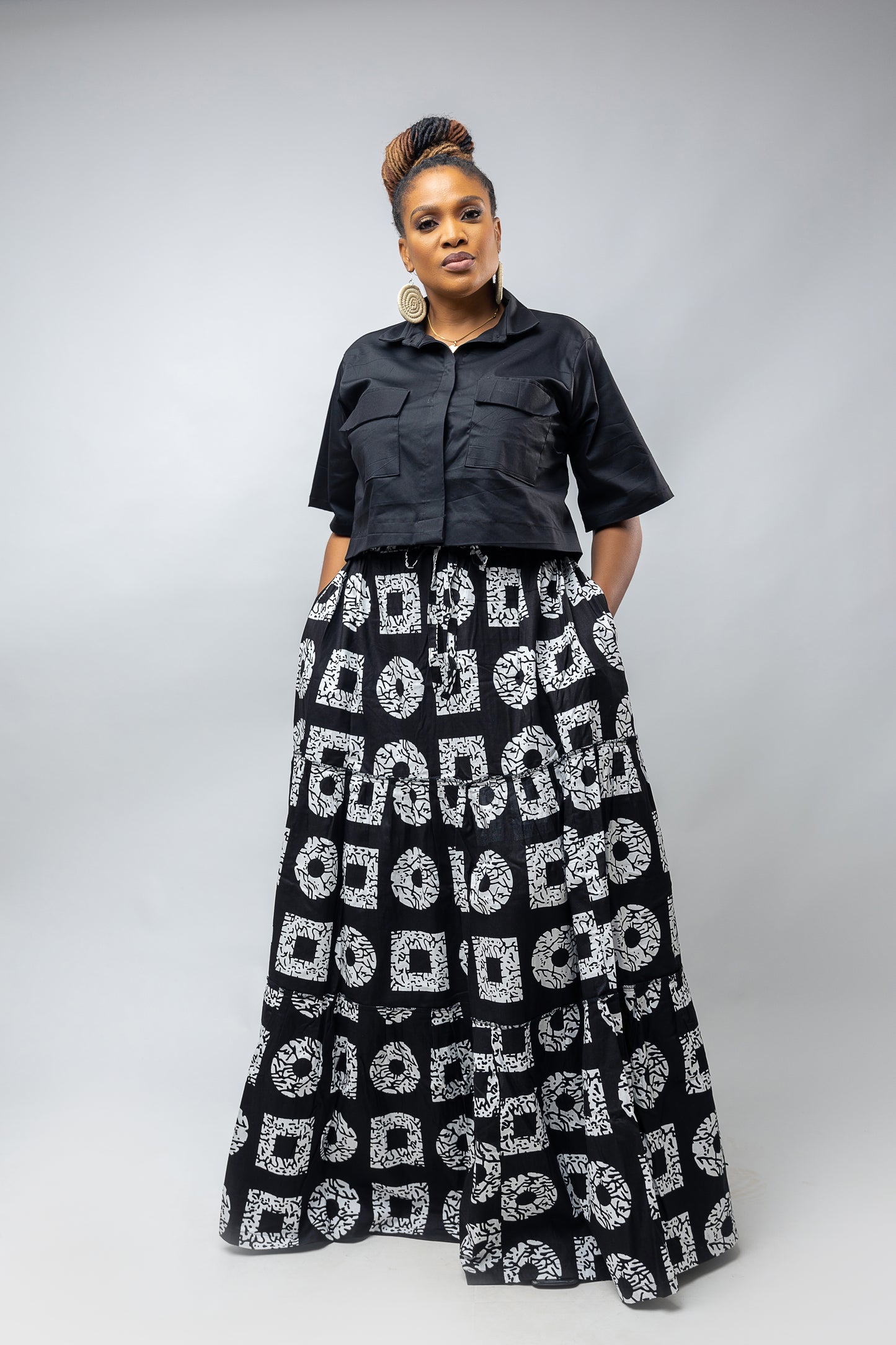 Anika Flowing Skirt- Black Ankara Cotton Print