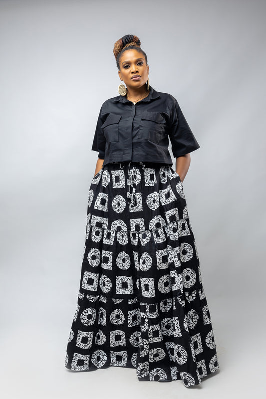 Anika Flowing Skirt- Black Ankara Cotton Print