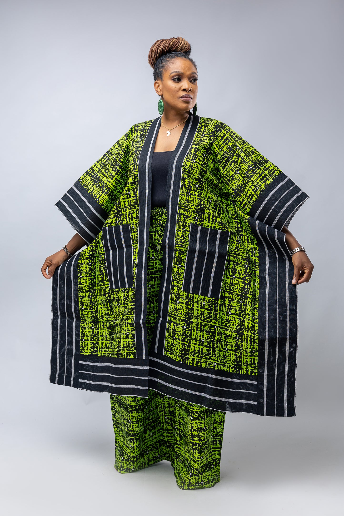 Akwaugo Kimono Only- Checker green Cotton Ankara Print