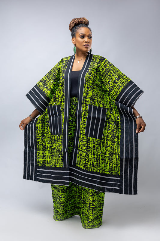 Akwaugo Kimono Only- Checker green Cotton Ankara Print