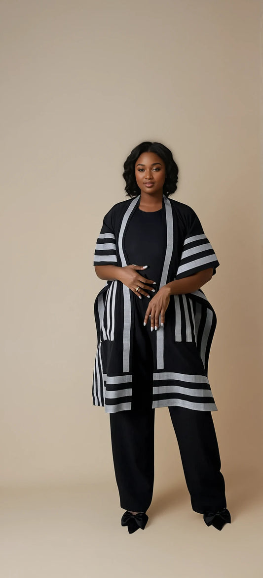 OMONYE Kimono Co-Ord – Black Crepe & Asoke Print Two-Piece Set